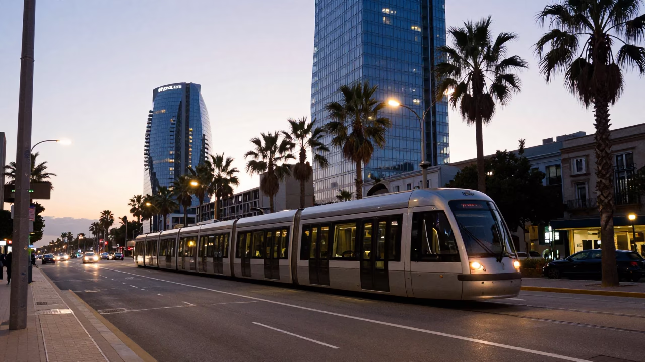 Barcelona Spain Early Evening Street Scene with Monorail and Palm Trees in in Barcelona, Spain