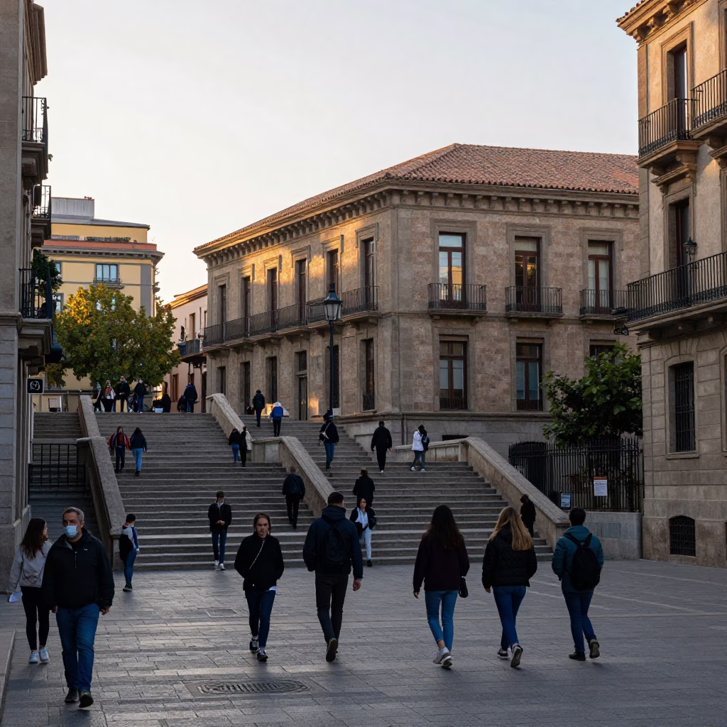 Barcelona Spain Early Morning Street Scene with School Staircase and Local Pedestrians in in Barcelona, Spain