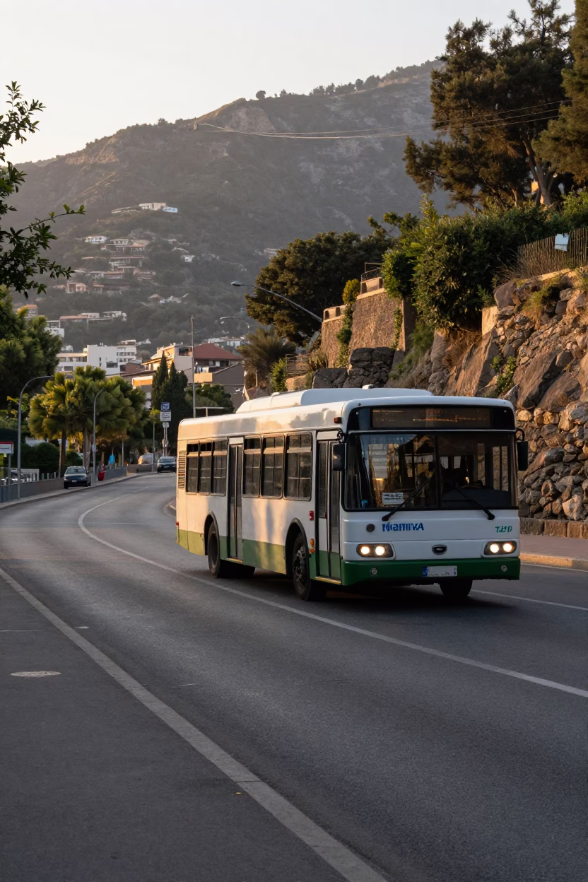 Barcelona Spain Early Morning Street Scene with Vintage Bus and Urban Details in in Barcelona, Spain