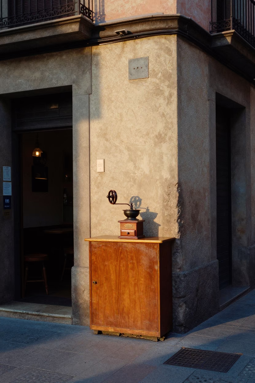 Barcelona Spain Early Morning Street Scene with Vintage Coffee Grinder and Urban Details in in Barcelona, Spain