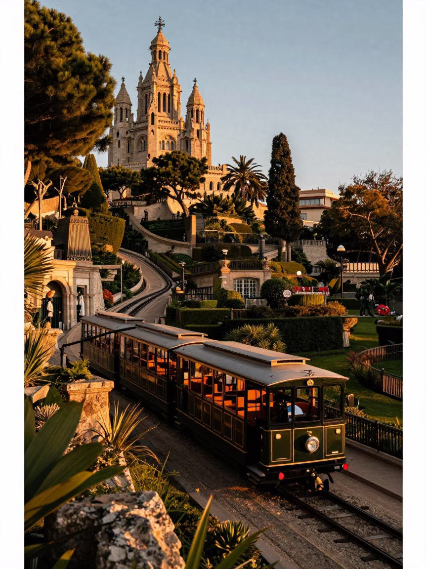 Barcelona Spain Evening Light Narrow Gauge Train and Funicular Gardens Scenic Cityscape in in Barcelona, Spain