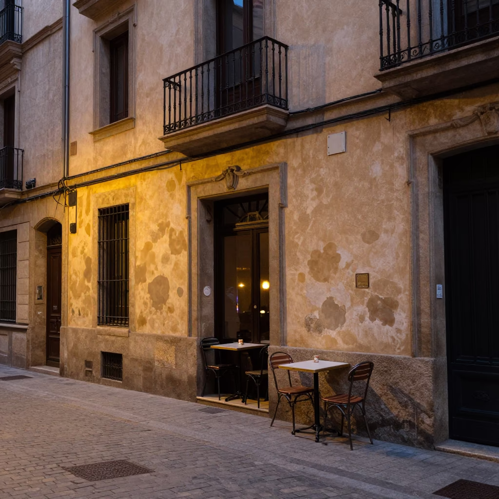 Barcelona Spain Evening Light Street Scene with Tea Stains and Spice Jar in in Barcelona, Spain
