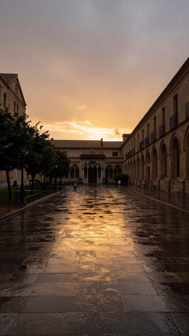 Barcelona Spain Evening Street Scene Wet Flagstones and University Cloister After Rain in in Barcelona, Spain