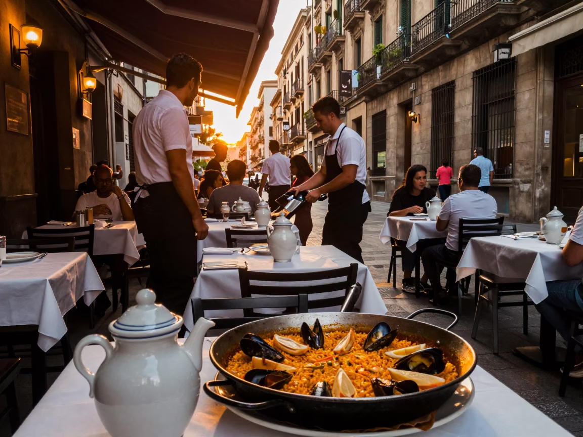 Barcelona Spain Evening Street Scene with Paella Pan and Ceramic Bowls in in Barcelona, Spain