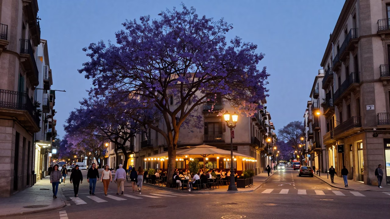 Barcelona Spain Evening Street Scene with Purple Jacaranda Tree and City Lights in in Barcelona, Spain