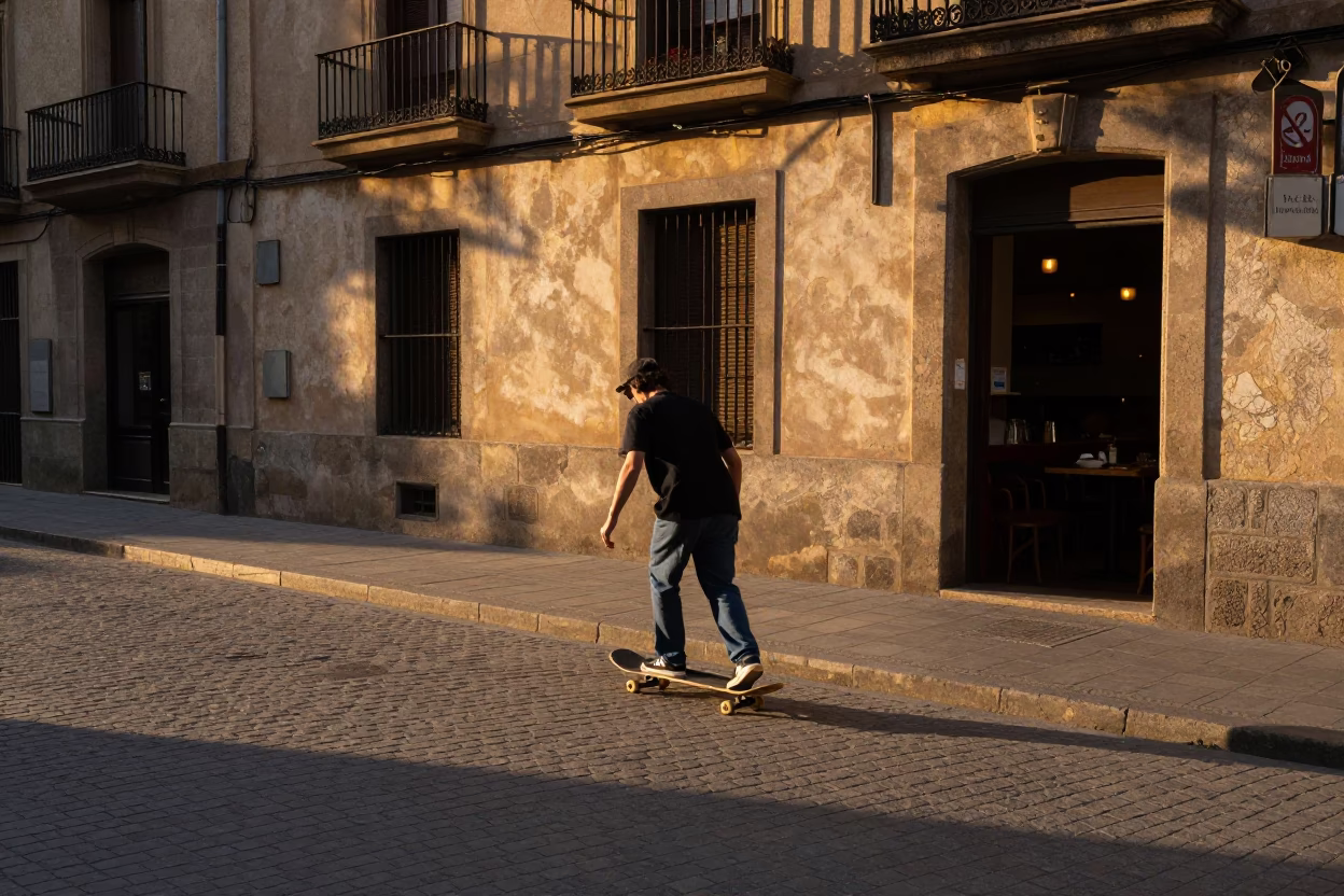 Barcelona Spain Evening Street Scene with Skateboarder and Local Cafe Culture in in Barcelona, Spain