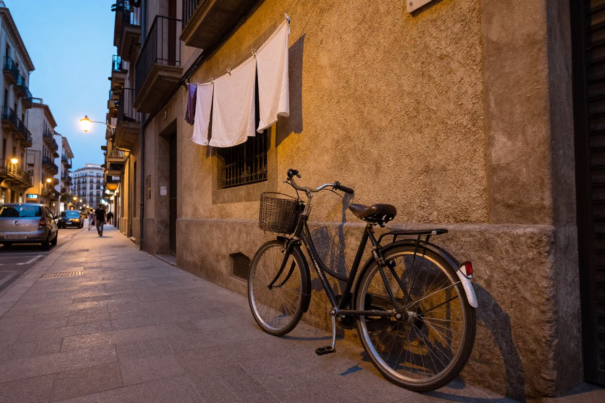 Barcelona Spain Evening Street Scene with Vintage 1960s Vibe and Local Life in in Barcelona, Spain