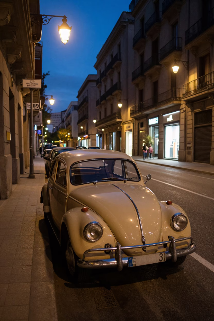 Barcelona Spain Evening Street Scene with Vintage Car and Passion Flower Detail in in Barcelona, Spain