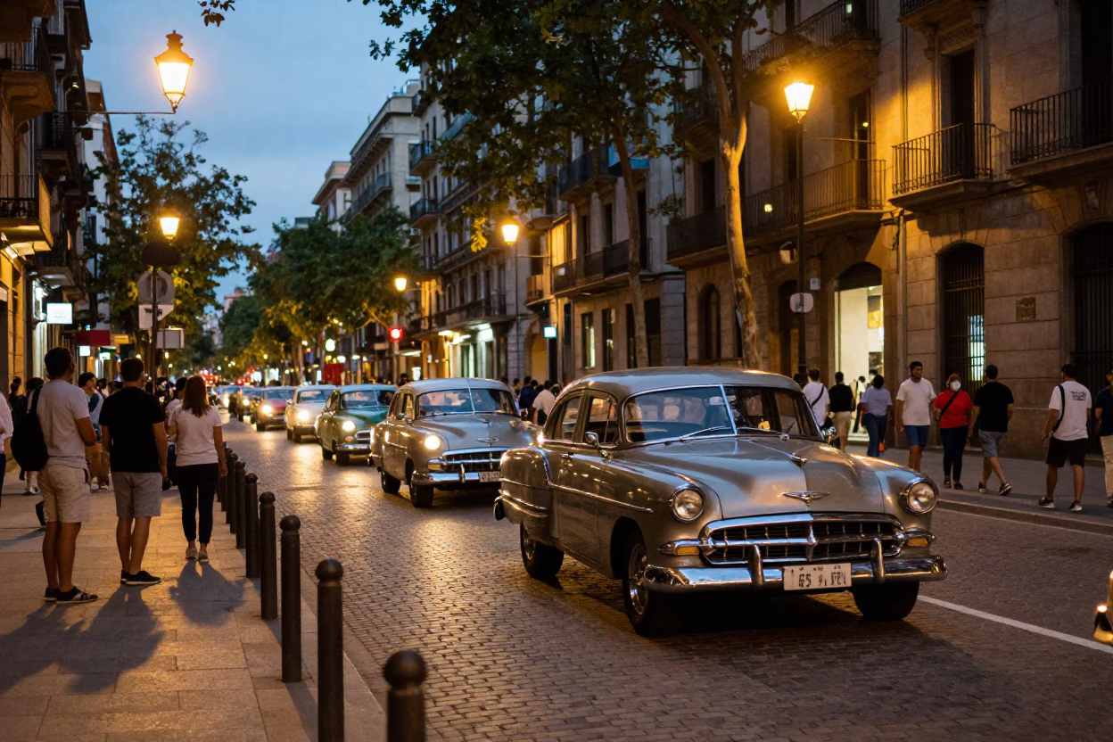 Barcelona Spain Evening Street Scene with Vintage Car Rally and Local Diners in in Barcelona, Spain