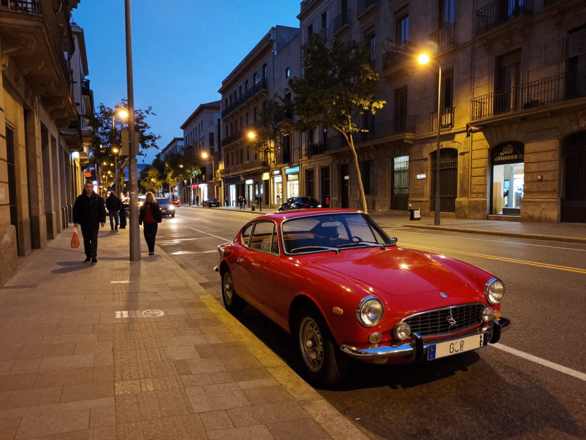 Barcelona Spain evening street scene with vintage red car and local pedestrians in in Barcelona, Spain