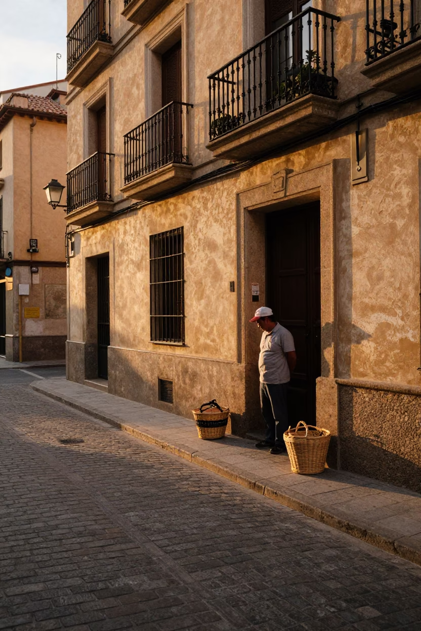 Barcelona Spain Evening Street Scene with Woven Baskets and Traditional Architecture in in Barcelona, Spain