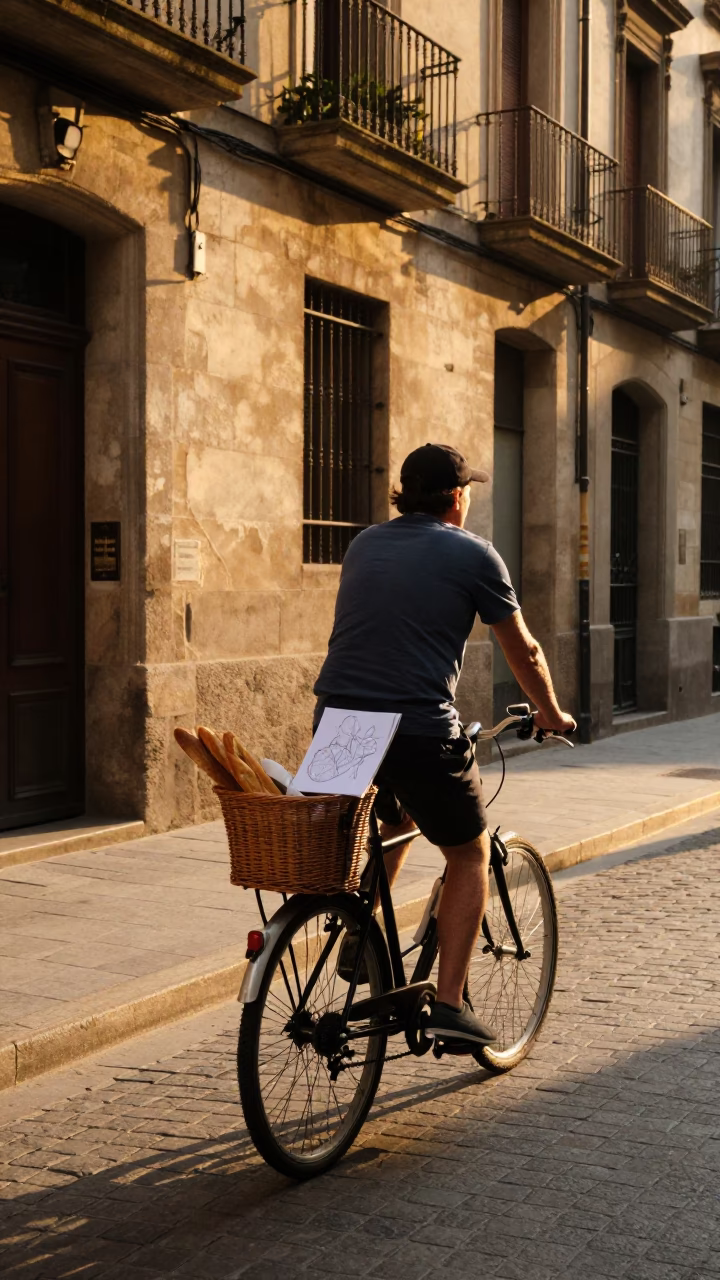 Barcelona Spain Golden Hour Street Scene with Bicycle and Sketchbook in in Barcelona, Spain