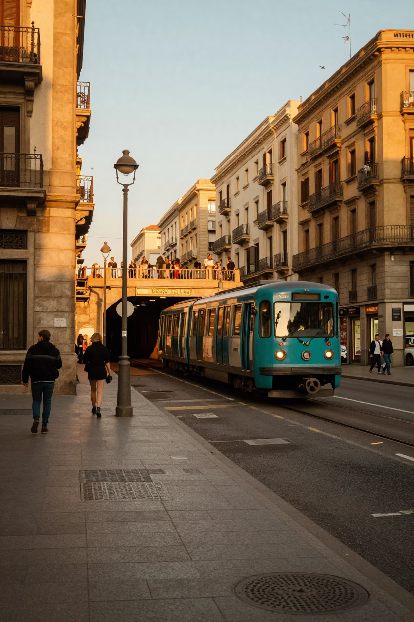 Barcelona Spain Golden Hour Street Scene with Metro Train Emerging from Tunnel in in Barcelona, Spain