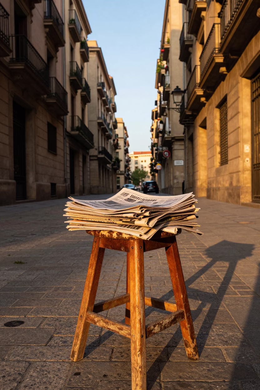 Barcelona Spain Golden Hour Street Scene with Newspaper Stack and Vintage Details in in Barcelona, Spain