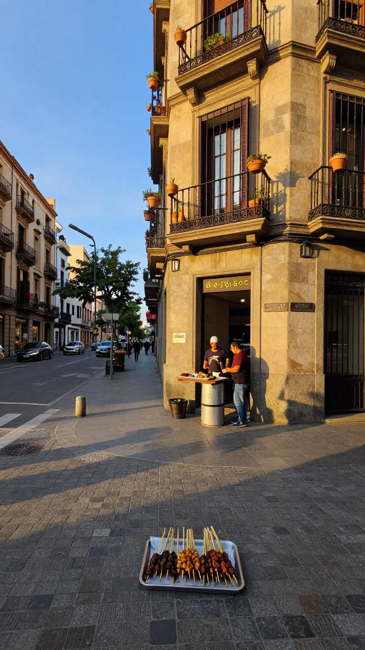 Barcelona Spain Golden Hour Street Scene with Tray of Satay Skewers and Peanut Sauce in in Barcelona, Spain