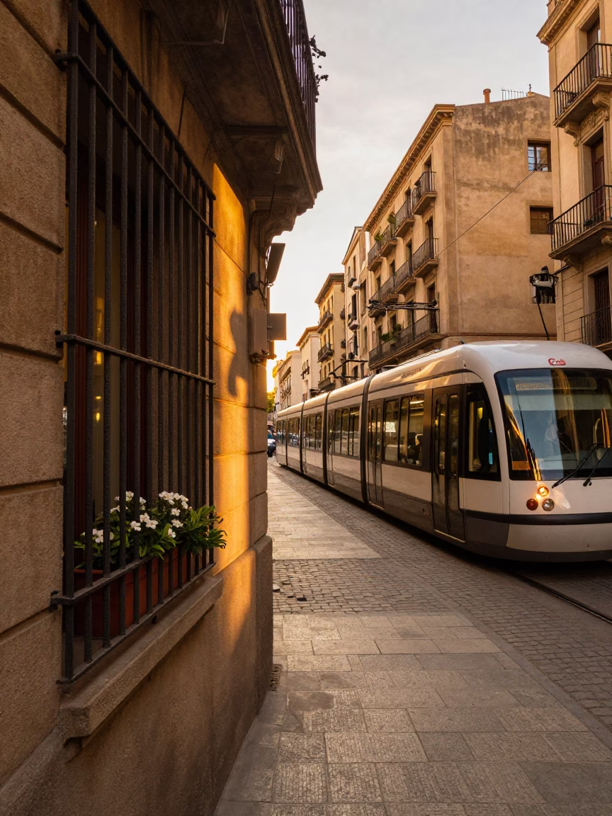 Barcelona Spain Golden Hour Street Scene with Window Box and Monorail in in Barcelona, Spain