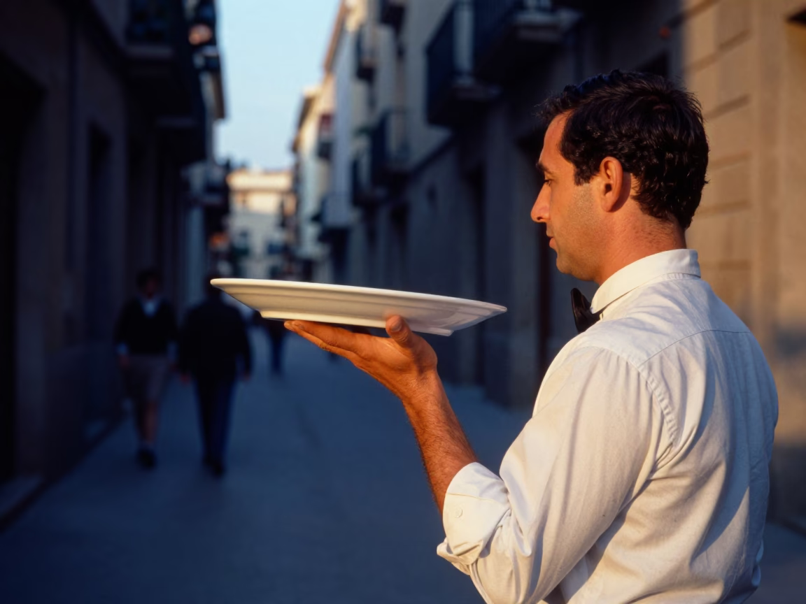 Barcelona Spain Honeyed Evening Light Street Scene with Blue and White Porcelain Plate in in Barcelona, Spain