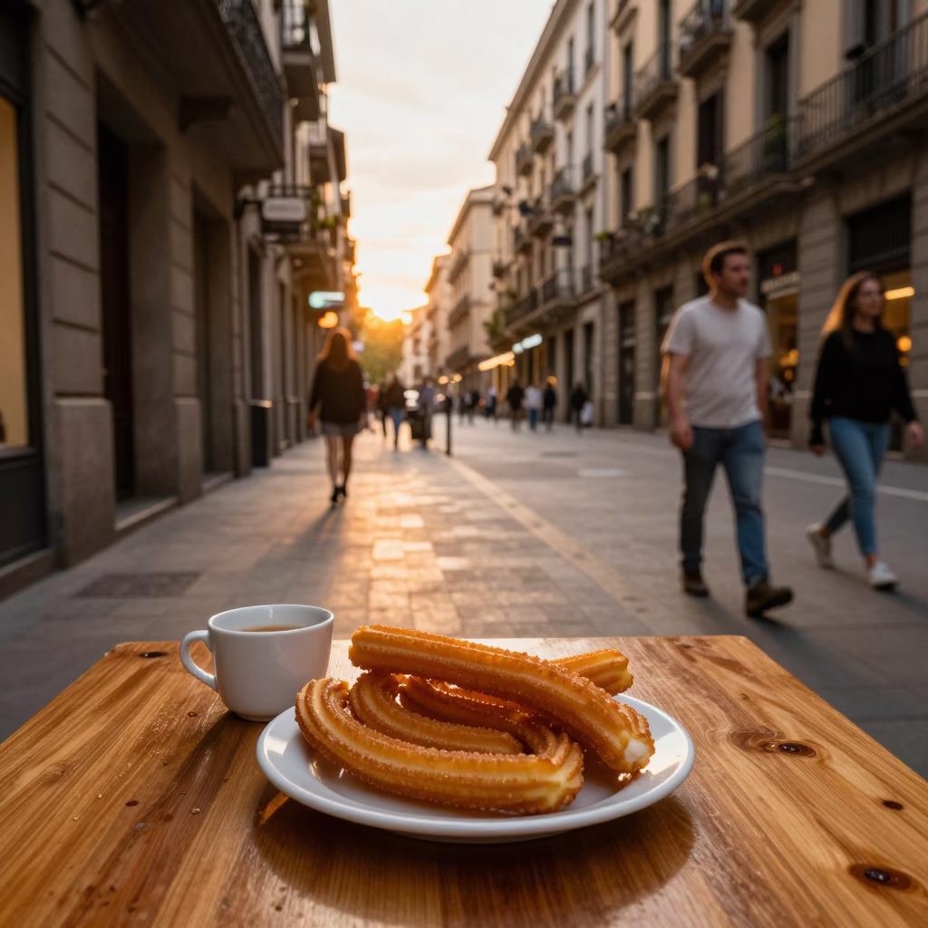 Barcelona Spain Honeyed Evening Light Street Scene with Churros and String Lights in in Barcelona, Spain