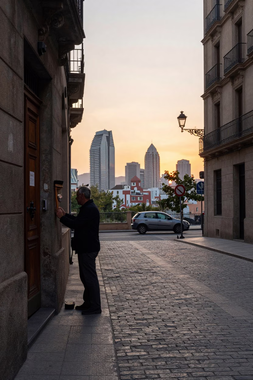 Barcelona Spain honeyed evening light street scene with coat brush and local interaction in in Barcelona, Spain