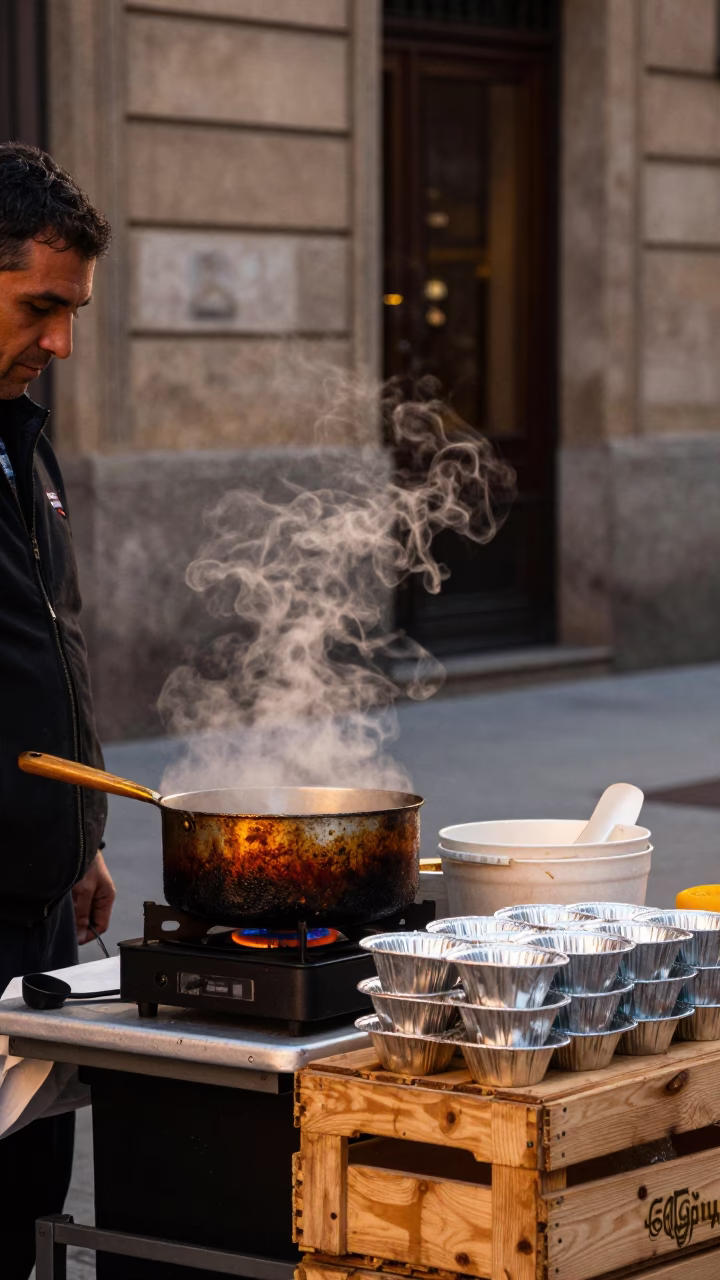 Barcelona Spain honeyed evening light street scene with saucepan and muffin tins in in Barcelona, Spain