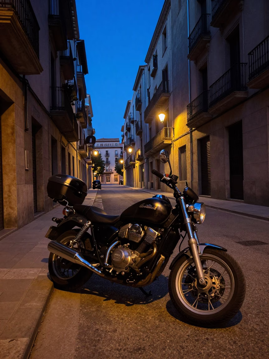 Barcelona Spain indigo twilight street scene with motorcycle parked near cafe in in Barcelona, Spain