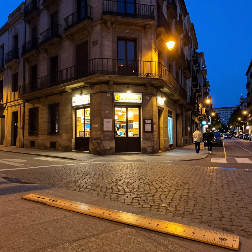 Barcelona Spain Indigo Twilight Street Scene with Wooden Ruler and Clay Pot in in Barcelona, Spain