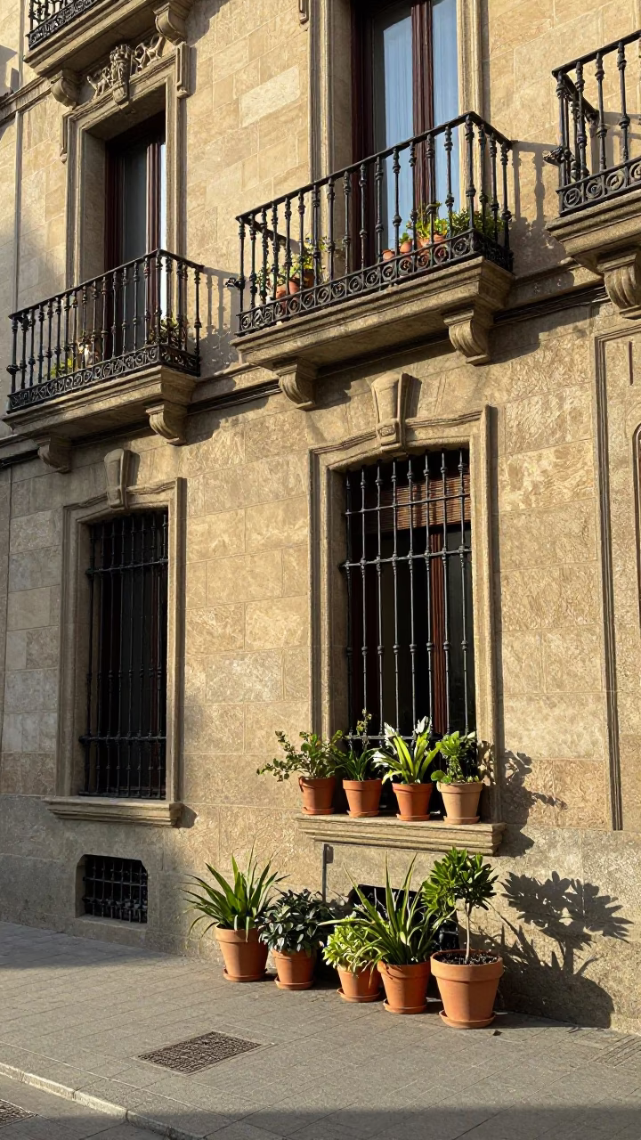 Barcelona Spain Late Afternoon Street Scene with Potted Plants and Local Architecture in in Barcelona, Spain
