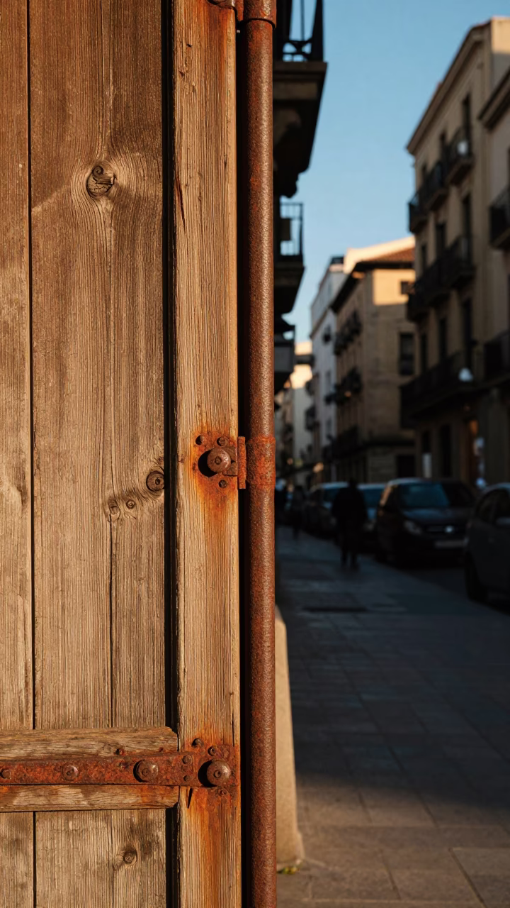 Barcelona Spain Late Afternoon Street Scene with Rusty Metal Details and Cobblestone in in Barcelona, Spain