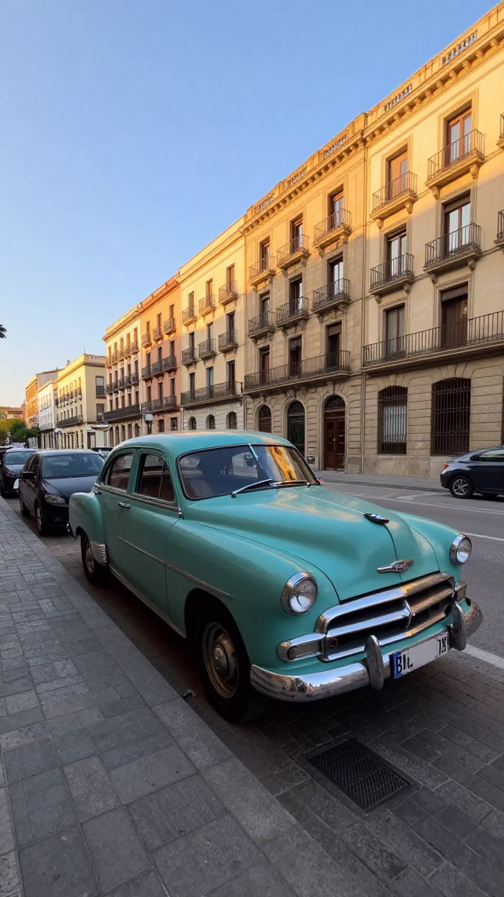 Barcelona Spain Late Afternoon Street Scene with Vintage Car and Local Pedestrians in in Barcelona, Spain