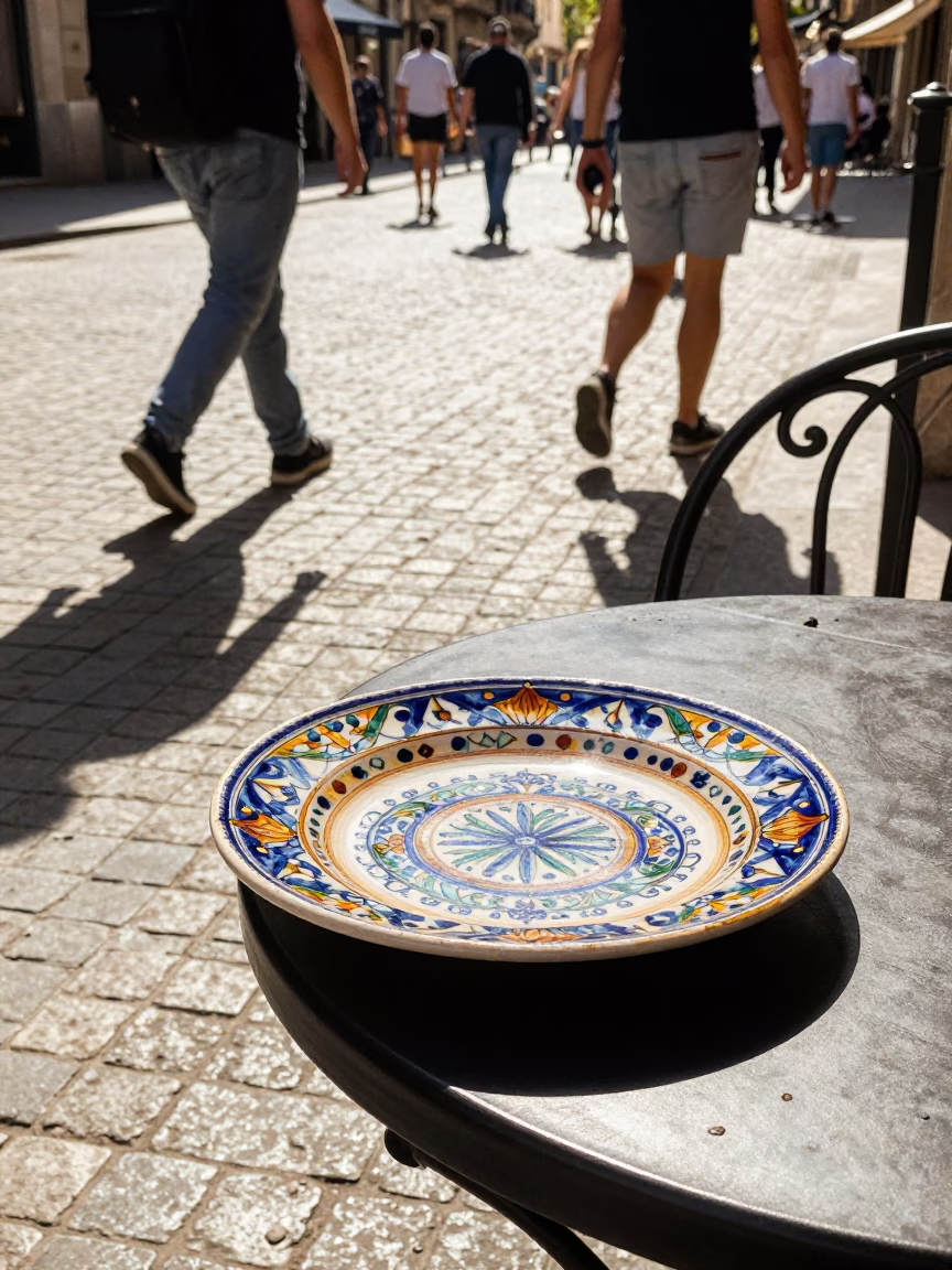 Barcelona Spain Midday Street Scene with Vintage Majolica Plate and Tramcar Reflection in in Barcelona, Spain