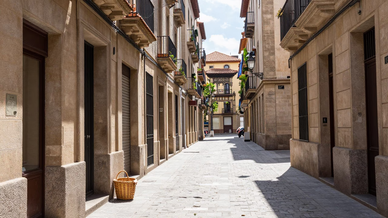 Barcelona Spain Midmorning Street Scene with Wicker Basket and Local Commerce in in Barcelona, Spain