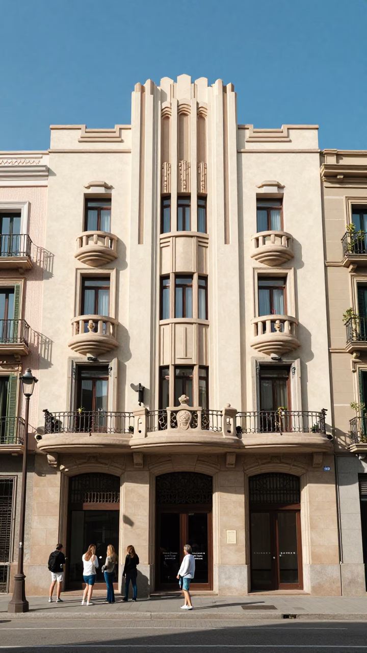 Barcelona Spain Midmorning Sunlight on Art Deco Hotel Facade with Tourist Postcards in in Barcelona, Spain