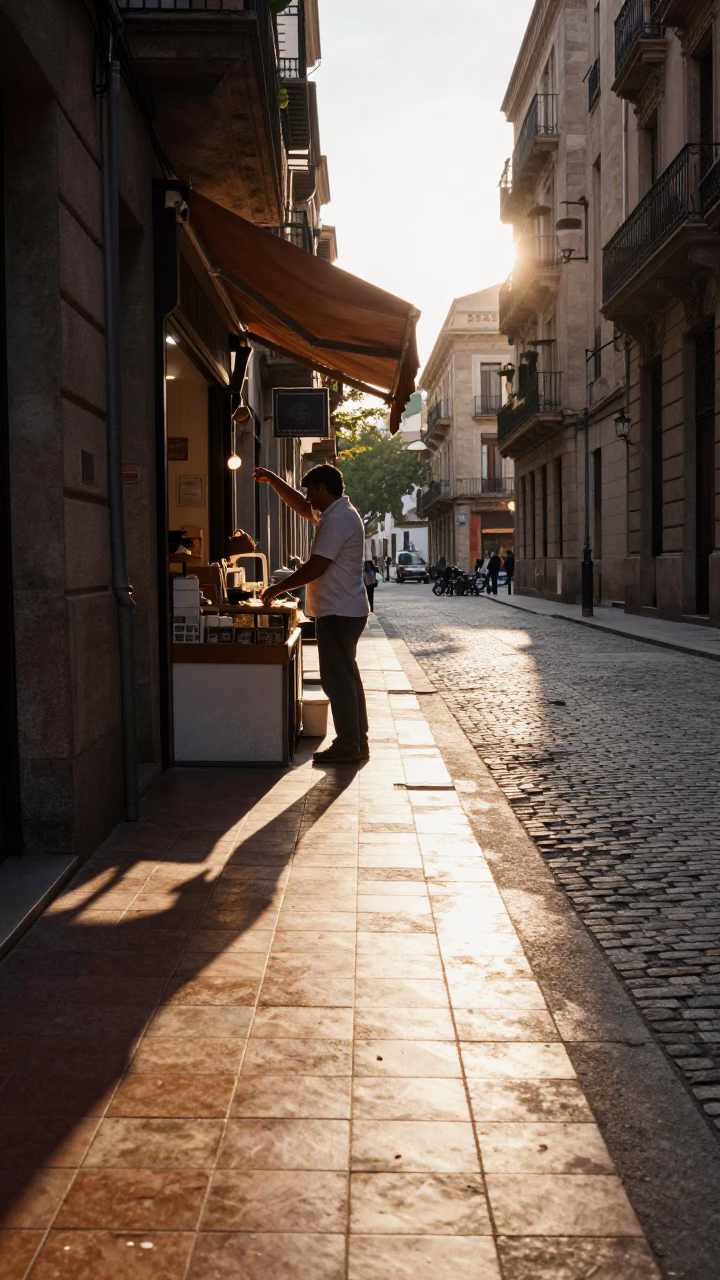 Barcelona Spain Morning Light on Narrow Street with Tiled Floor Shadows in in Barcelona, Spain