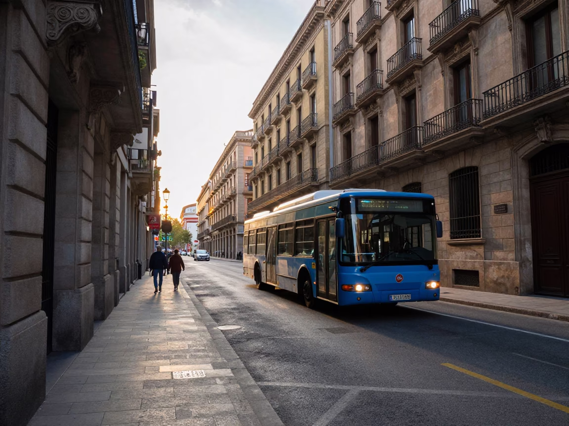 Barcelona Spain Morning Light Street Scene with Classic Bus and Urban Architecture in in Barcelona, Spain