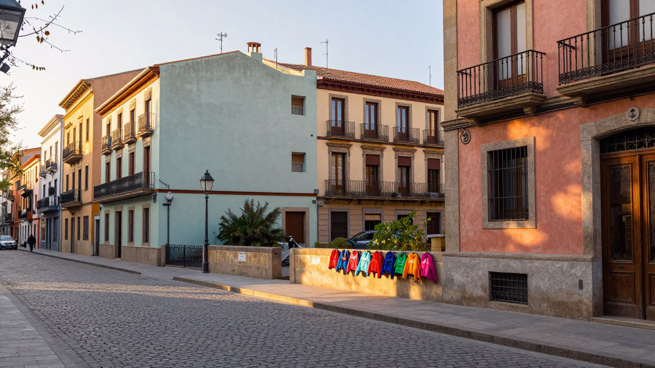 Barcelona Spain Morning Street Scene with Colorful Vintage Details and Local Life in in Barcelona, Spain