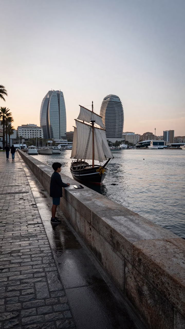 Barcelona Spain Nautical Dawn Street Scene with Vintage Sailboat Model and Rain in in Barcelona, Spain