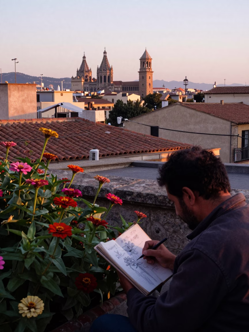 Barcelona Spain Nautical Dawn Street Scene with Zinnia Garden and Sketchbook in in Barcelona, Spain