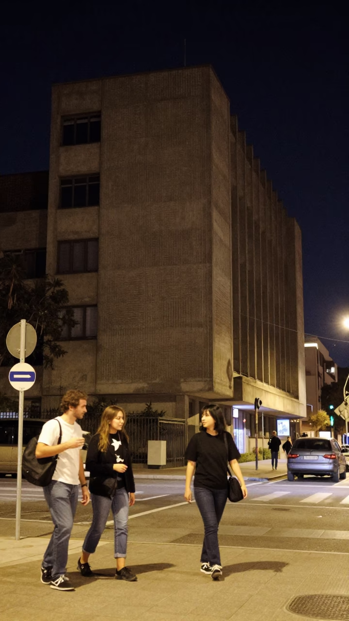 Barcelona Spain Night Street Scene with Concrete Brutalist Architecture and Coffee Tin in in Barcelona, Spain