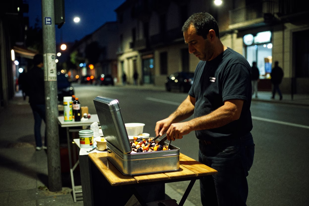 Barcelona Spain Night Street Scene with Tiffin Tin and Grilled Peppers at Late Hour in in Barcelona, Spain