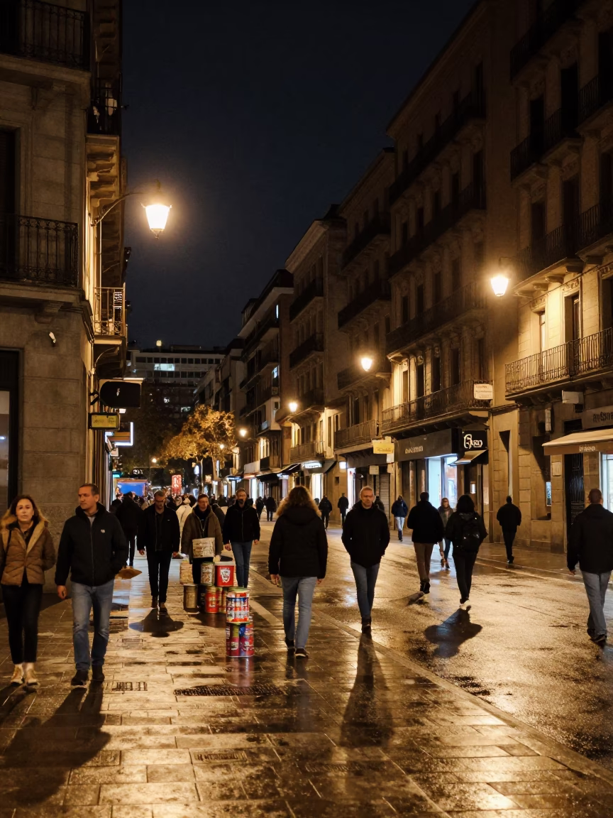 Barcelona Spain Night Street Scene with Tiffin Tin and Urban Elements in in Barcelona, Spain