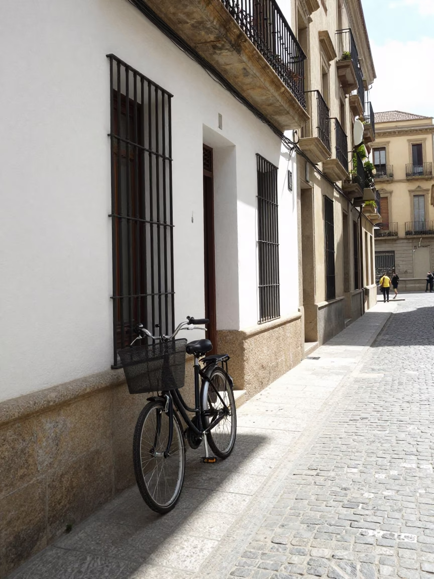 Barcelona Spain Noon Light Street Scene with Bicycle Basket and Toolbox Near Gaudi Architecture in in Barcelona, Spain