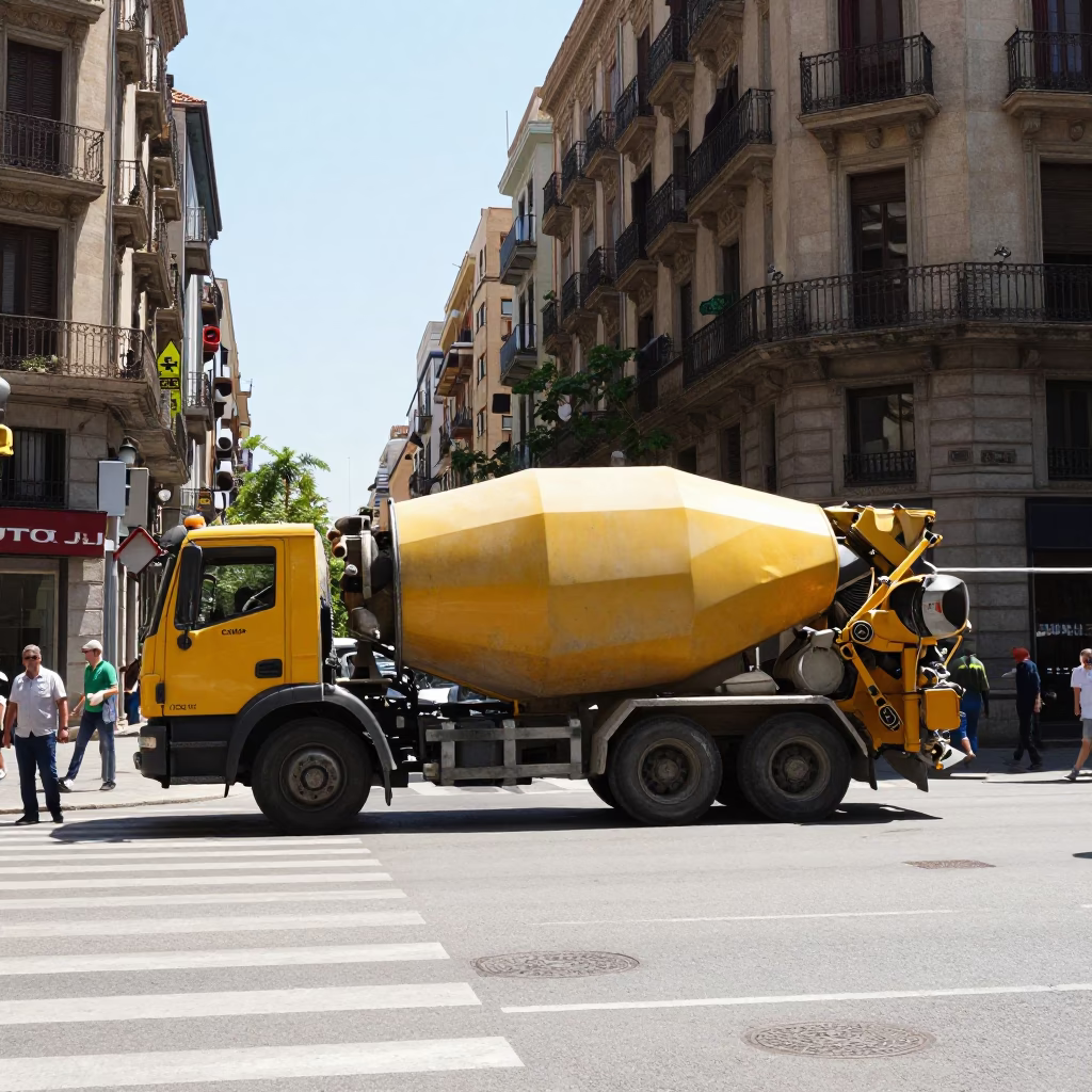 Barcelona Spain Noon Street Scene with Cement Mixer and Construction Activity in in Barcelona, Spain