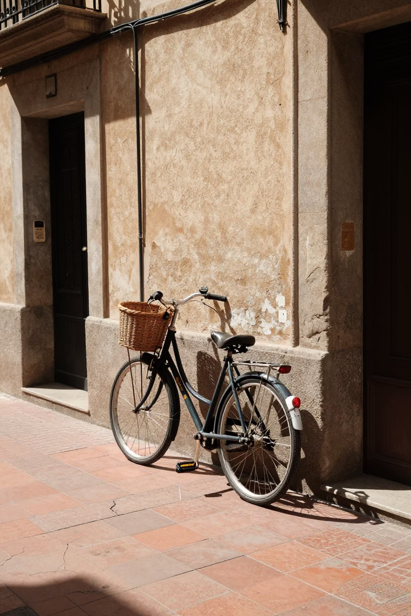 Barcelona Spain Noon Street Scene with Vintage Bicycle and Wicker Shadow in in Barcelona, Spain