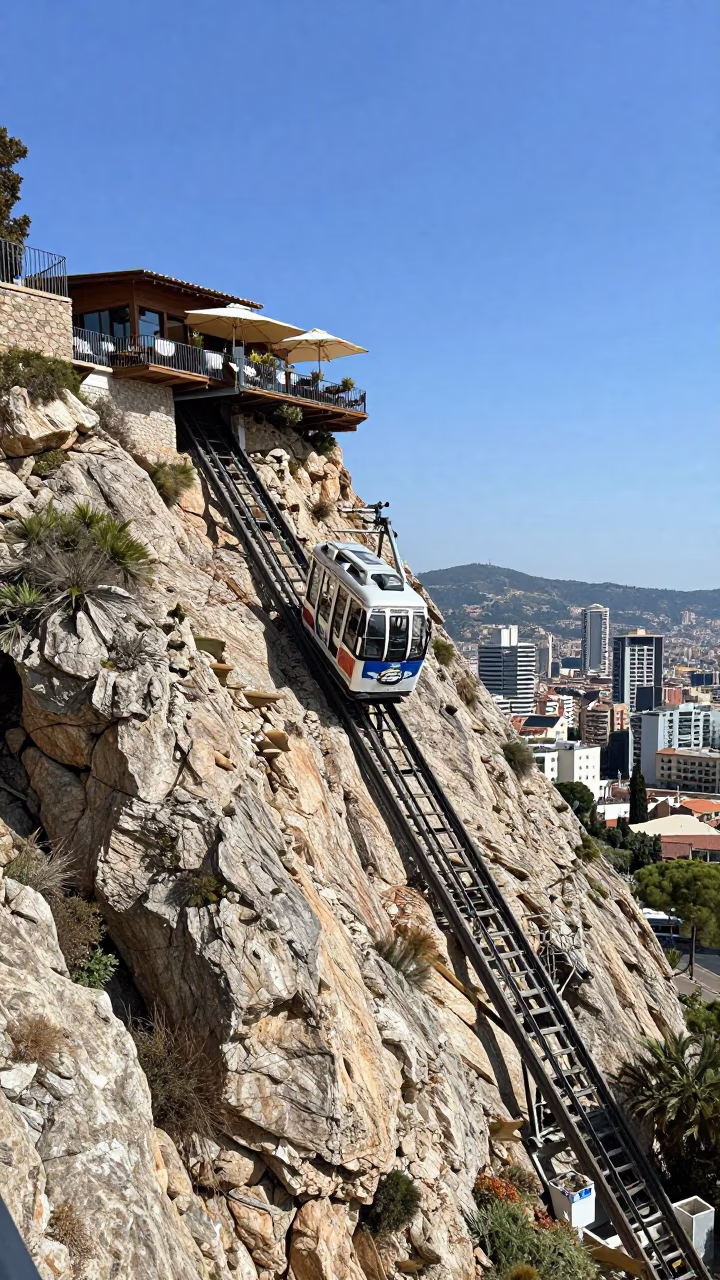 Barcelona Spain Noon Sunlight Funicular Railway Cliffside Restaurant Mountain View in in Barcelona, Spain