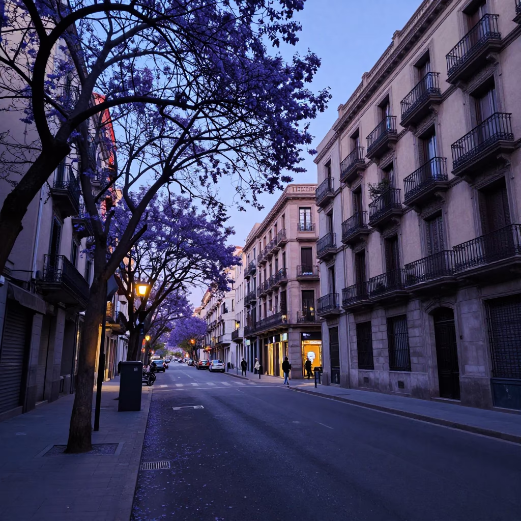 Barcelona Spain Pre-Dawn Street Scene with Jacaranda Boulevard and Urban Morning Light in in Barcelona, Spain