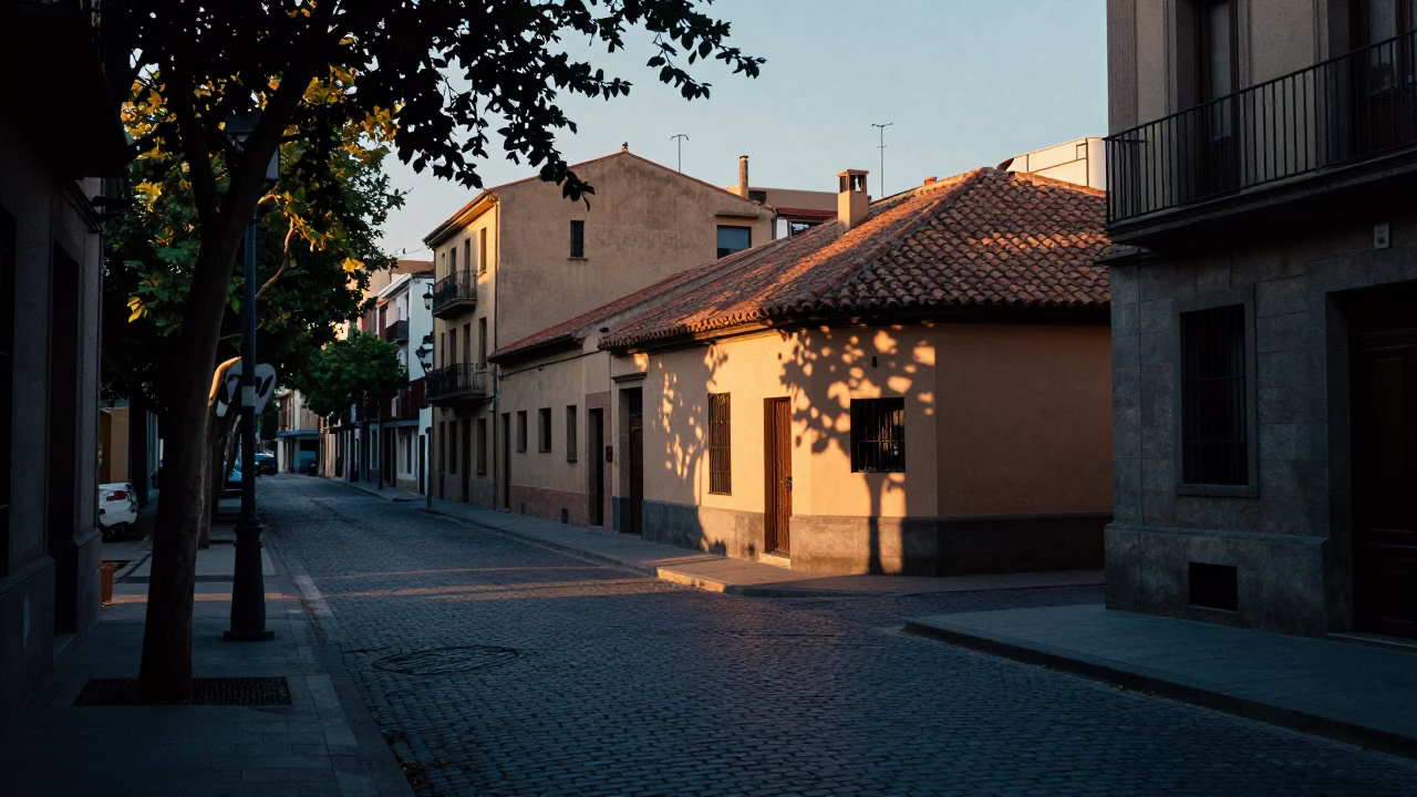 Barcelona Spain pre-dawn street scene with leaf shadows and local morning routine in in Barcelona, Spain