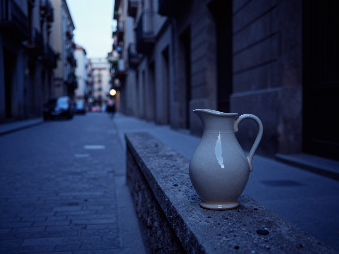 Barcelona Spain Pre-Dawn Street Scene with Pitcher and Early Morning Activity in in Barcelona, Spain