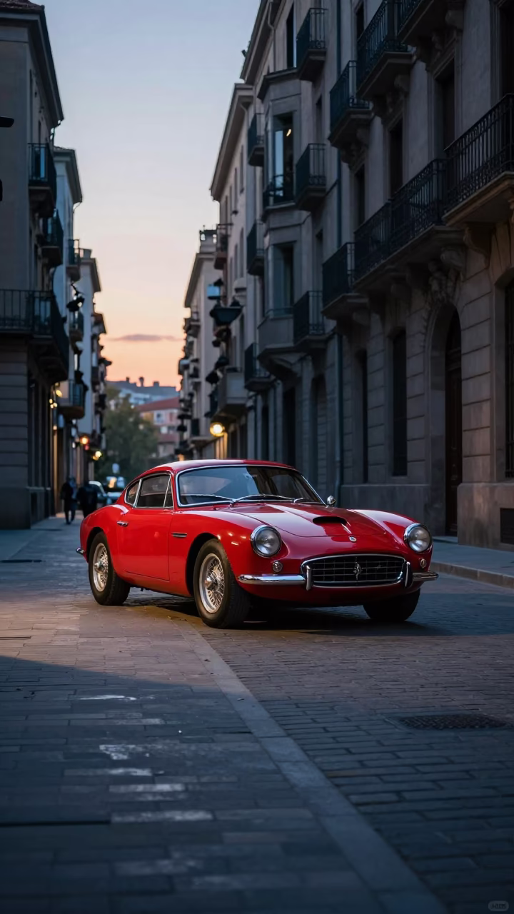 Barcelona Spain Pre-Dawn Street Scene with Vintage Red Sports Car and Sun Hats in in Barcelona, Spain