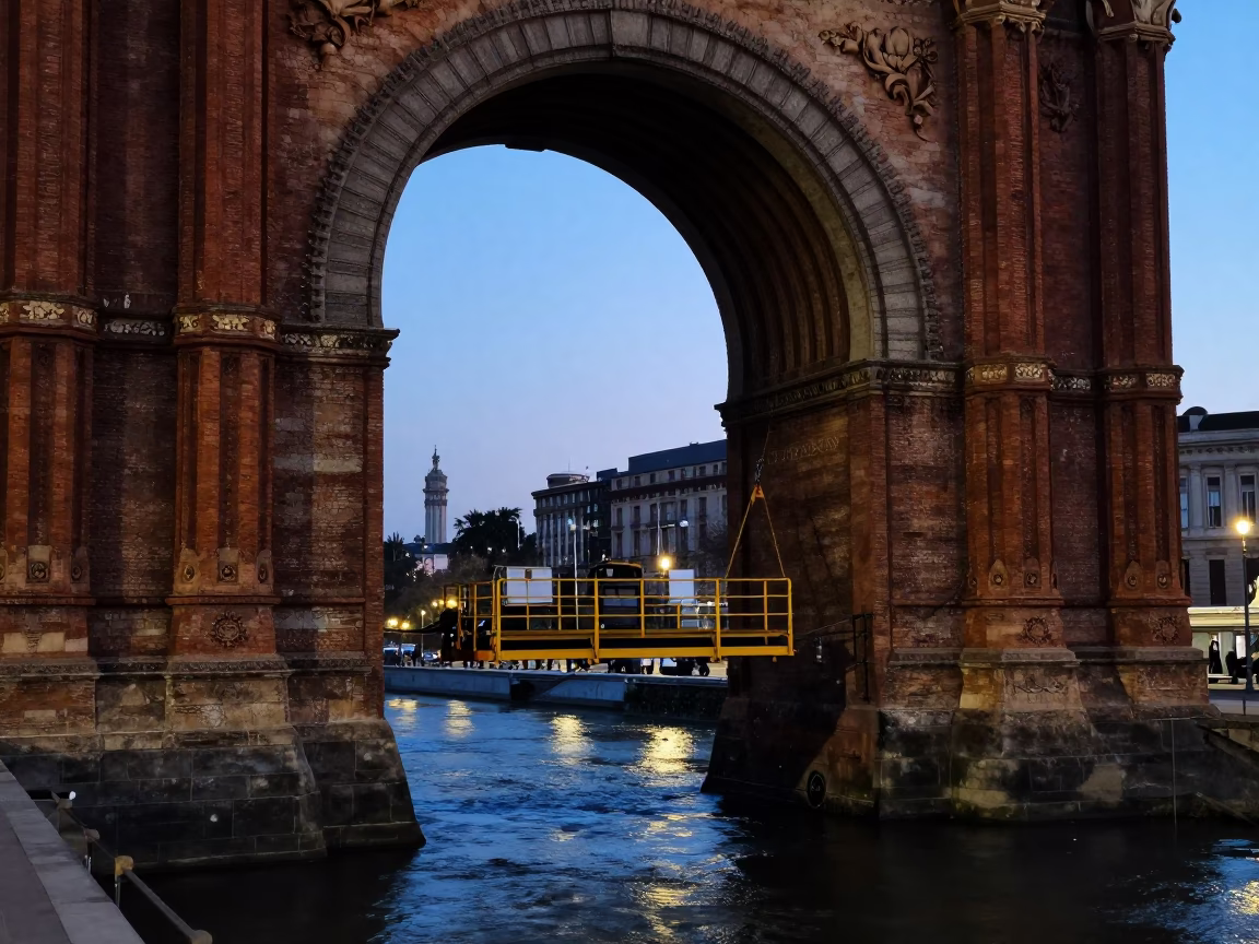 Barcelona Spain Predawn Bridge Maintenance Cradle Hanging Over Cold River Water in in Barcelona, Spain