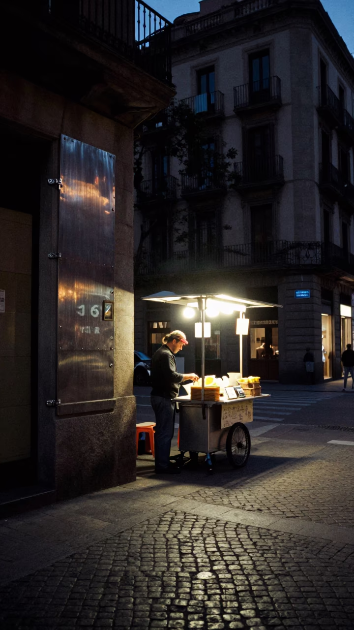 Barcelona Spain Predawn Street Scene with Brushed Steel Hinge and Tool Caddy in in Barcelona, Spain